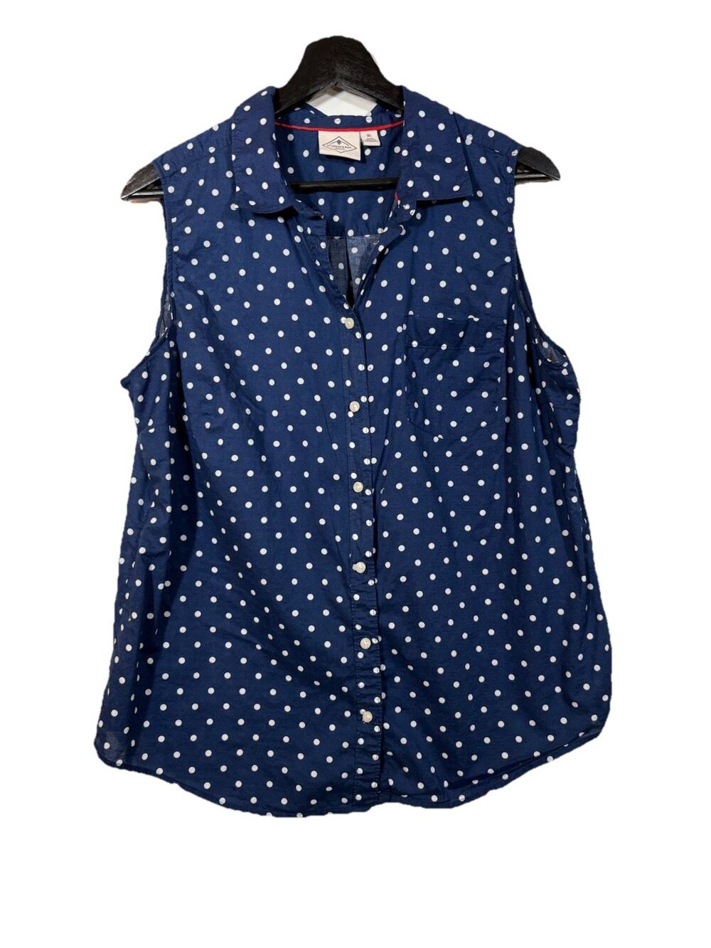 Navy Blue Polka Dot Sleeveless Button Up Shirt Blouse XL White Cotton Collar